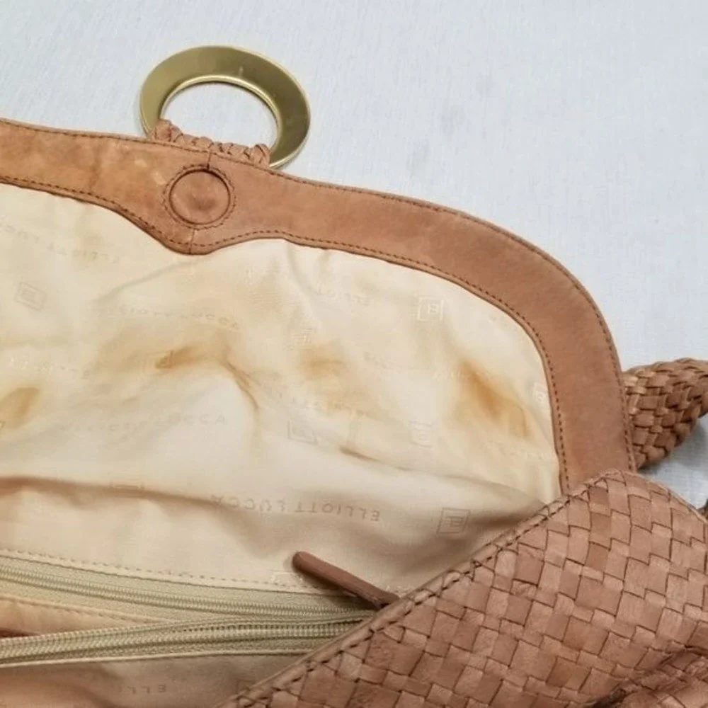 Elliott Lucca Hobo woven‎ Leather Bag Wide shoulder strap gold accents clean